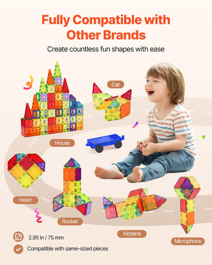 Magnetic Tiles, 180 PCS Magnetic Building Blocks for Kids, Magnet Building Set with 2 Car Bases & Ferris Wheel Stand, STEM Educational Construction Stacking Toys for Toddlers Boys Girls Aged 5+
