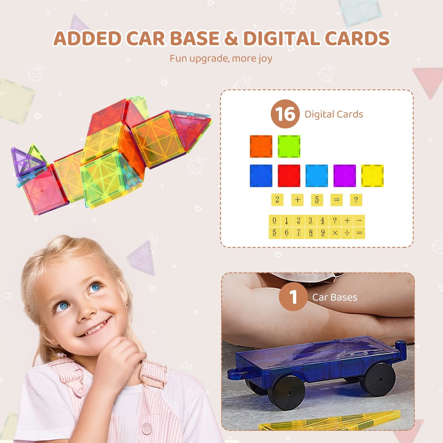 Magnetic Tiles, 55 PCS Magnetic Building Blocks for Kids, Magnet Building Set with Car Base & 16 Digital Cards, STEM Educational Construction Stacking Toys Gift for Toddlers Boys Girls Aged 4+