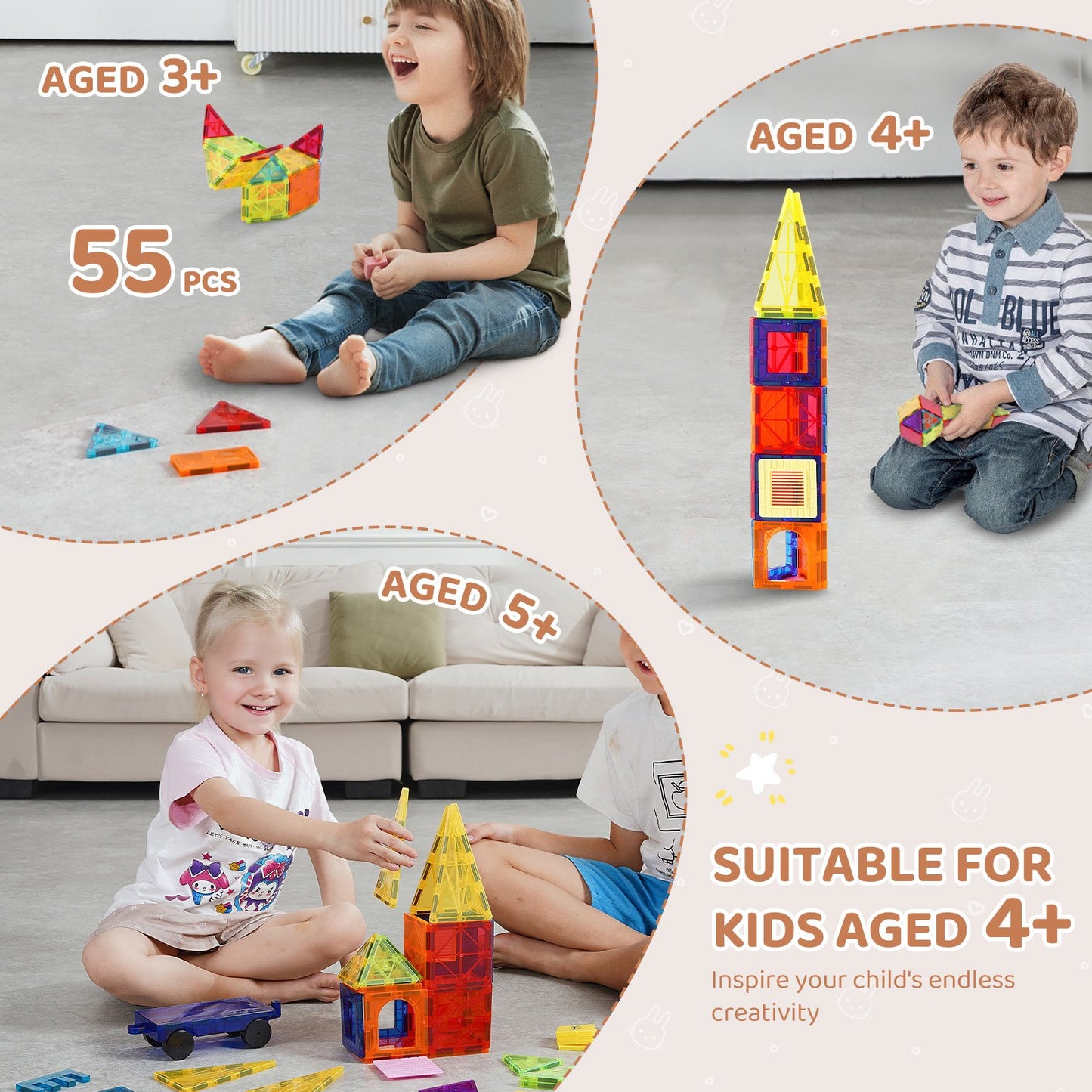 Magnetic Tiles, 55 PCS Magnetic Building Blocks for Kids, Magnet Building Set with Car Base & 16 Digital Cards, STEM Educational Construction Stacking Toys Gift for Toddlers Boys Girls Aged 4+