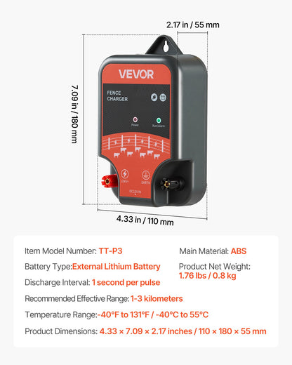 Electric Fence Charger, 10kV 2J, AC DC Electric Fence Energizer with LED Indicator, 1.86 Miles Range, Powerful Plug-in Fences Charger, Prevents Wild Animals Intrusion for Livestock Poultry