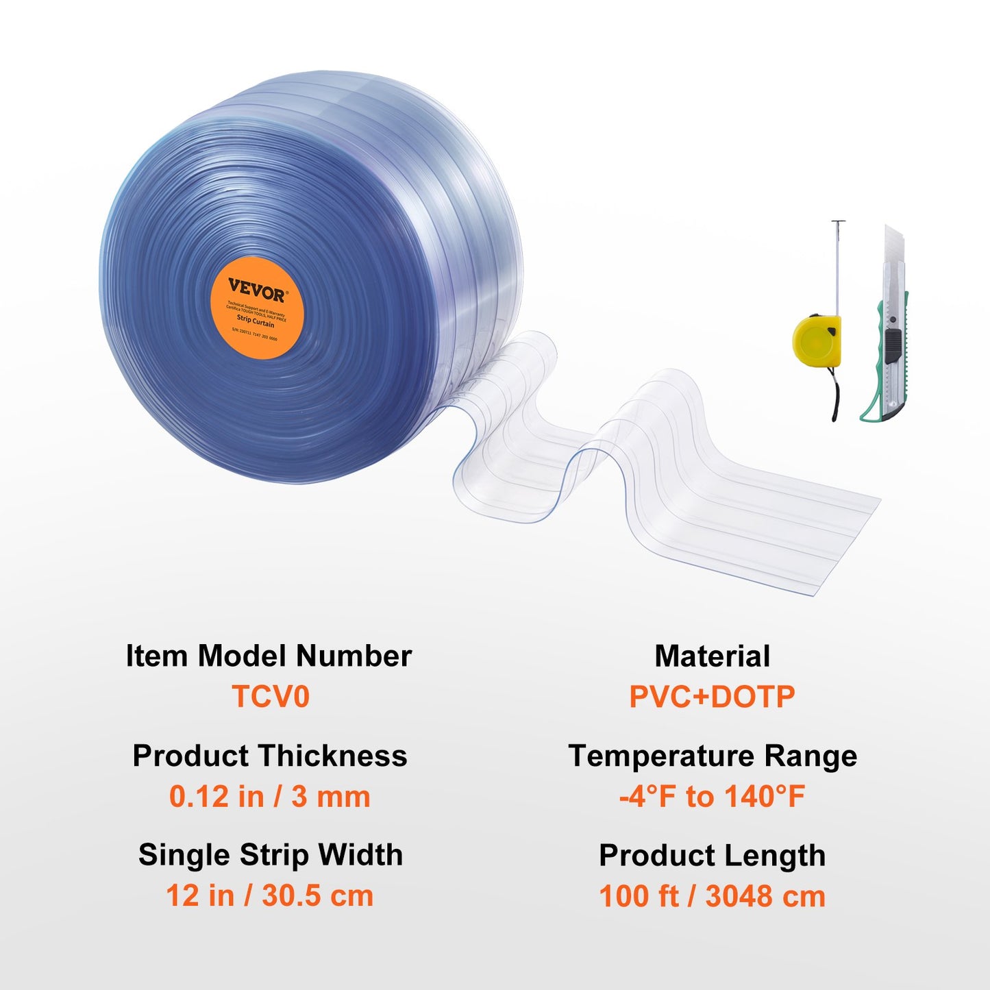 Streifenvorhang, 30,5 m Länge x 30,5 cm Breite x 0,3 cm Dicke, transparente, gerippte PVC-Streifenvorhang-Türrolle, Kunststoff-Türstreifen für den Türrahmen von Supermärkten, Garagen, Lagerhallen, Scheunen und Tierhäusern