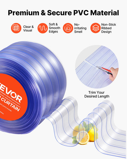 Clear PVC Strip Curtain, 50 ft Length x 8 in Width, Ribbed Plastic Door Strip Bulk Roll, Walk in Freezer Cooler Curtain Strips for Doorways of Supermarket, Garage, Warehouse, Pet Animal House