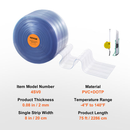 Strip Curtain, 75' Length, 8" Width, 0.08" Thickness, Clear Ribbed Plastic Door Strips, PVC Curtain Strip Door Bulk Roll for Warehouses, Factories, Supermarkets, Shopping Malls, Halls, Garages