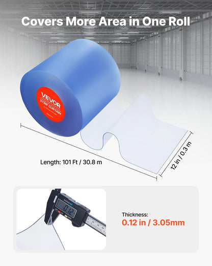 Clear PVC Strip Curtain, 101 ft Length x 12 in Width, Plastic Door Strip Bulk Roll, Walk in Freezer Cooler Curtain Strips for Doorways of Supermarket, Garage, Warehouse, Barn, Pet Animal House