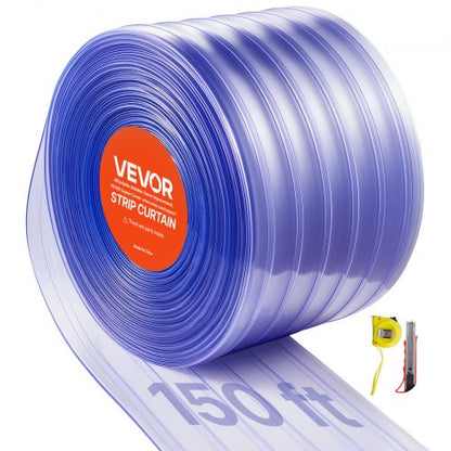 Clear PVC Strip Curtain, 150 ft Length x 12 in Width, Ribbed Plastic Door Strip Bulk Roll, Walk in Freezer Cooler Curtain Strips for Doorways of Supermarket, Garage, Warehouse, Pet Animal House
