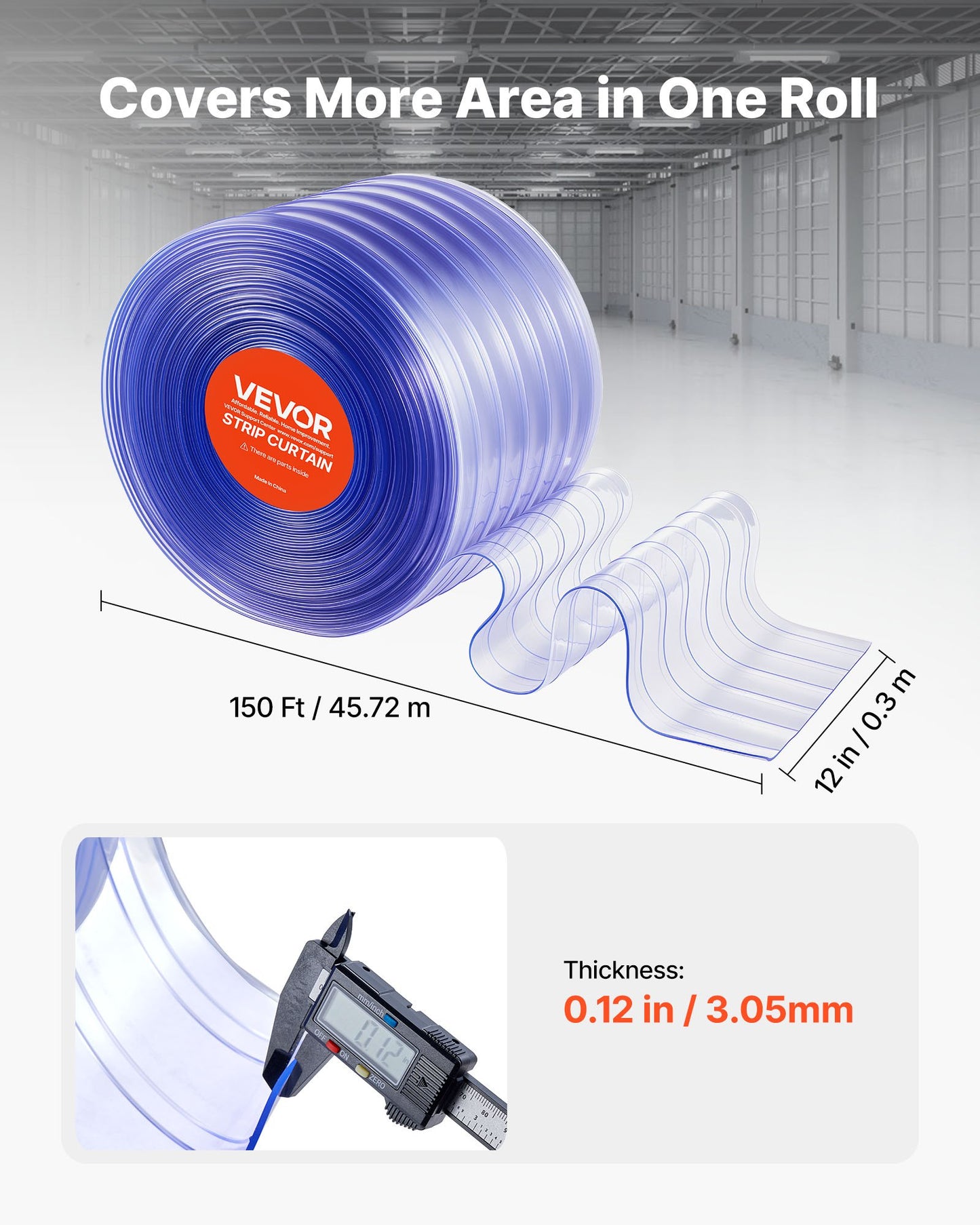 Clear PVC Strip Curtain, 150 ft Length x 12 in Width, Ribbed Plastic Door Strip Bulk Roll, Walk in Freezer Cooler Curtain Strips for Doorways of Supermarket, Garage, Warehouse, Pet Animal House