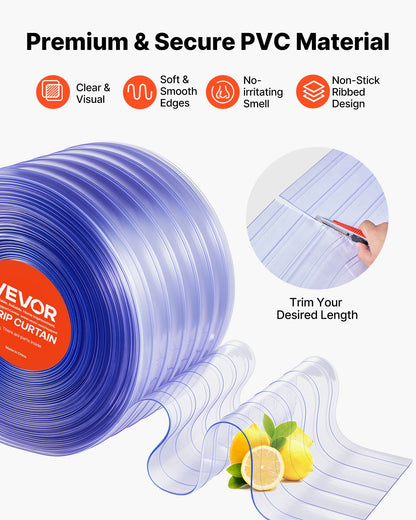 Clear PVC Strip Curtain, 150 ft Length x 12 in Width, Ribbed Plastic Door Strip Bulk Roll, Walk in Freezer Cooler Curtain Strips for Doorways of Supermarket, Garage, Warehouse, Pet Animal House