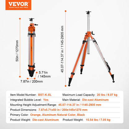 Laser Level Tripod Stand, 5/8"-11 Thread Mount, 45.07-114.37 inch Height Adjustment Heavy Duty Survey Tripod, with Level Bubble & Diffusion Limiter , Liftable Non-Skid Feet for Construction