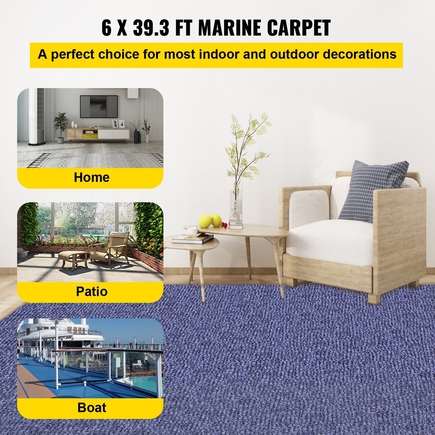 Deep Blue Marine Carpet 6 ft x 39.3 ft, Boat Carpet Rugs, Indoor Outdoor Rugs for Patio Deck Non-Slide TPR Water-Proof Back Outdoor Marine Carpeting Outdoor Carpet