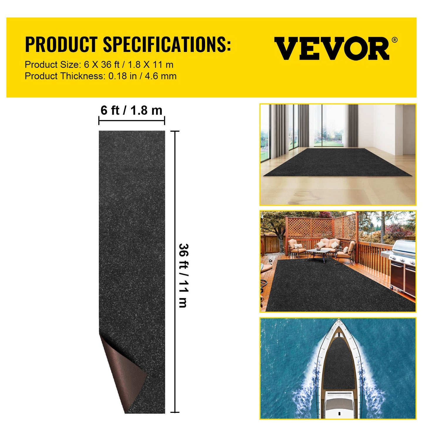 Marine Carpet, 6 x 36 ft Boat Carpeting, Charcoal Black Marine Grade Boat Carpet, Indoor/Outdoor Marine Carpeting with Water-proof TPR Backing, Water-proof Carpet Roll for Home, Patio, Porch, De