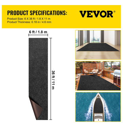 Marine Carpet, 6 x 36 ft Boat Carpeting, Charcoal Black Marine Grade Boat Carpet, Indoor/Outdoor Marine Carpeting with Water-proof TPR Backing, Water-proof Carpet Roll for Home, Patio, Porch, De