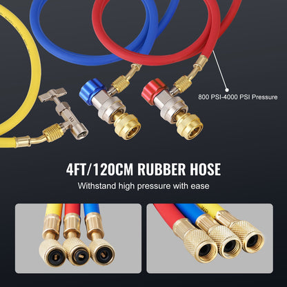 1/5 PS 3,5 CFM AC-Vakuumpumpe und Manometer-Kit, einstufige Drehschieber-HVAC-Luftvakuumpumpe, A/C-Kältemittel-Kit, Verteiler-Manometer-Kit, mit dreifarbigem Schlauch-Tragekoffer, anwendbar auf R134a, R1234yf