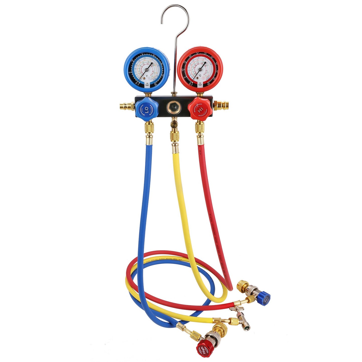 1/5 PS 3,5 CFM AC-Vakuumpumpe und Manometer-Kit, einstufige Drehschieber-HVAC-Luftvakuumpumpe, A/C-Kältemittel-Kit, Verteiler-Manometer-Kit, mit dreifarbigem Schlauch-Tragekoffer, anwendbar auf R134a, R1234yf