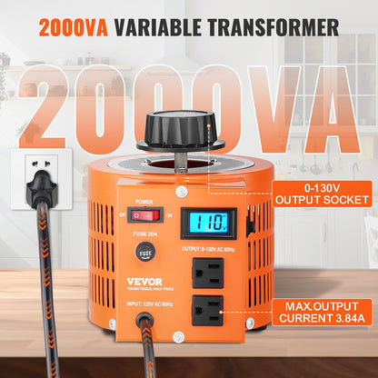 2000VA Auto Variable Voltage Transformer, 15.3 Amp, 110V Input 0-130V Output AC Voltage Regulator, with LCD Display 4 Extra Fuses Thermal Control Switch for Home Industrial Office