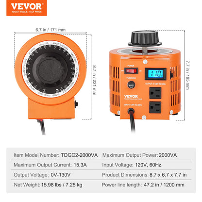 2000VA Auto Variable Voltage Transformer, 15.3 Amp, 110V Input 0-130V Output AC Voltage Regulator, with LCD Display 4 Extra Fuses Thermal Control Switch for Home Industrial Office