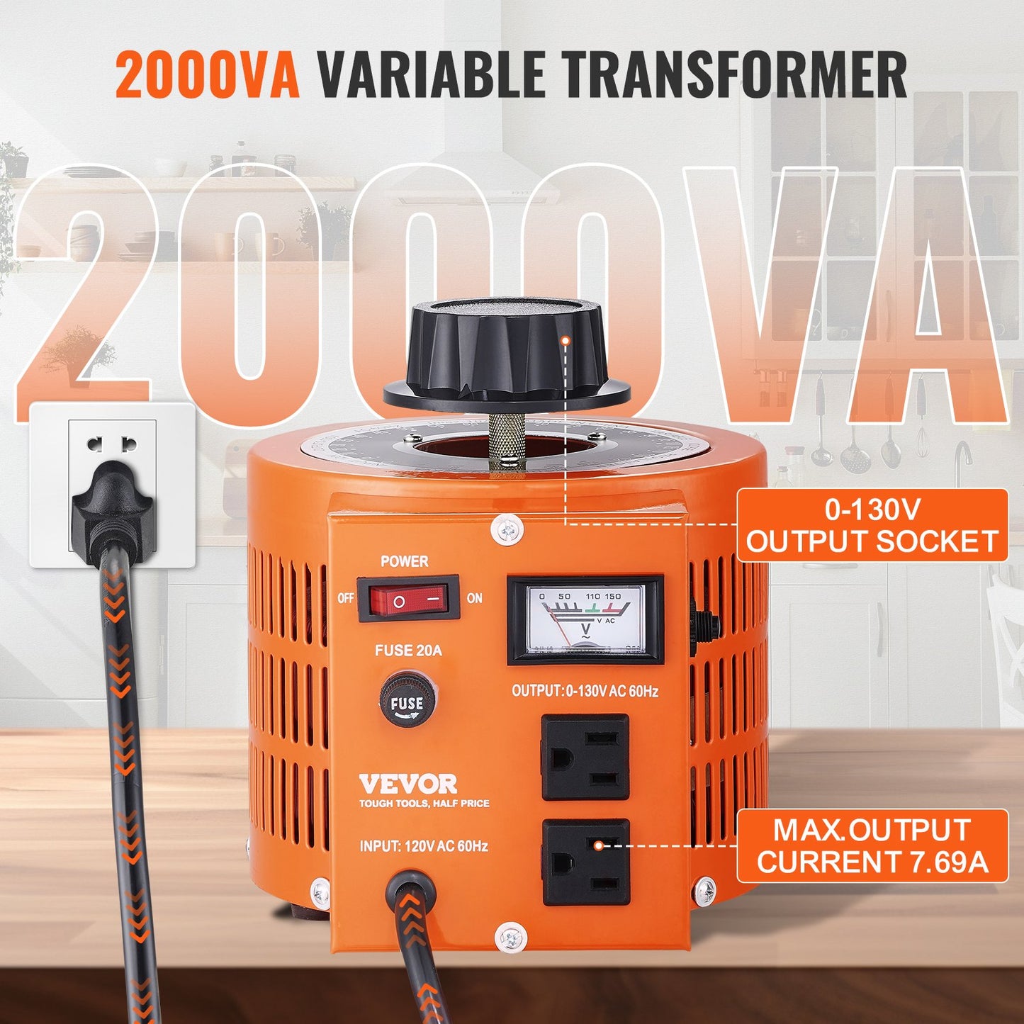 2000VA Auto Variable Voltage Transformer, 15.3 Amp, 110V Input 0-130V Output AC Voltage Regulator Power Supply, with 4 Extra Fuses Thermal Control Switch for Home Industrial Office