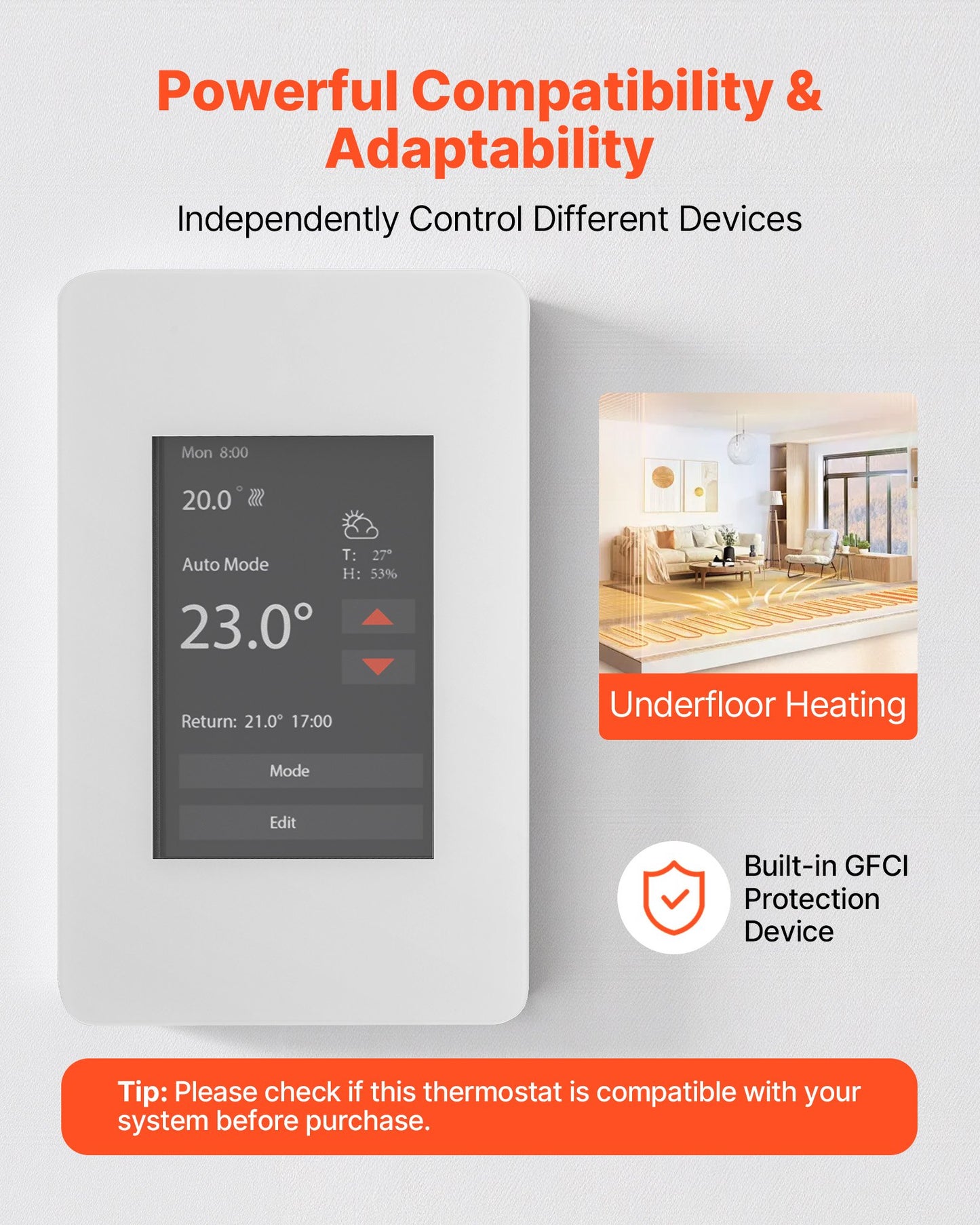 7-Day Programmable Thermostat, Home Thermostats for Radiant Underfloor Heating Cable,Heat Pump with GFCI & Sensitive Sensor,TFT Color Display Touchscreen,Efficient,Gray-White (Without Wifi)