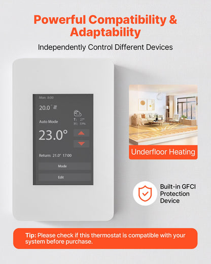 7-Day Programmable Thermostat, Home Thermostats for Radiant Underfloor Heating Cable,Heat Pump with GFCI & Sensitive Sensor,TFT Color Display Touchscreen,Efficient,Gray-White (Without Wifi)