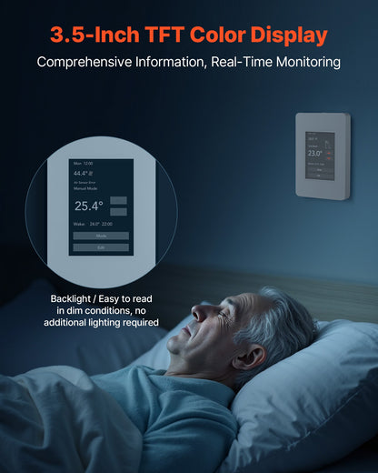 7-Day Programmable Thermostat, Home Thermostats for Radiant Underfloor Heating Cable,Heat Pump with GFCI & Sensitive Sensor,TFT Color Display Touchscreen,Efficient,Gray-White (Without Wifi)