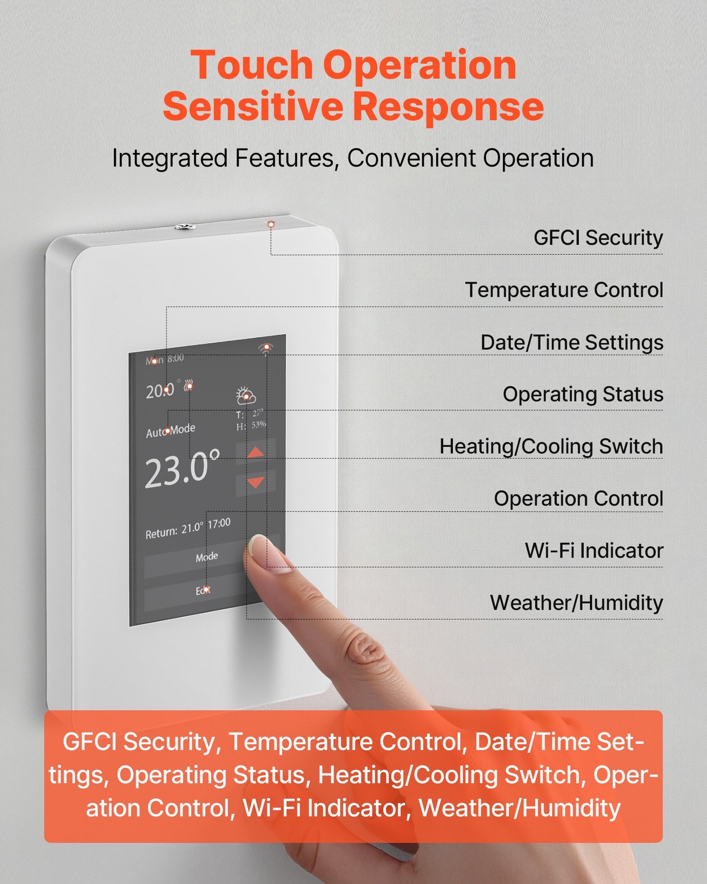 7-Day Programmable Thermostat, Home Thermostats for Radiant Underfloor Heating Cable,Heat Pump with GFCI & Sensitive Sensor,TFT Color Display Touchscreen,Efficient,Gray-White (Without Wifi)