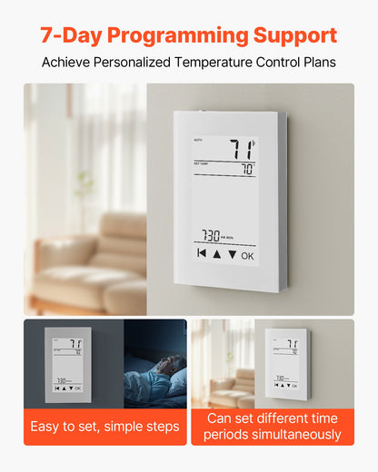 7-Day Programmable Thermostat, Home Thermostats for Radiant Underfloor Heating Cable, Heat Pump, with GFCI & Sensitive Sensor, LCD Touchscreen, Energy-Efficient, Gray-White (Without Wifi)