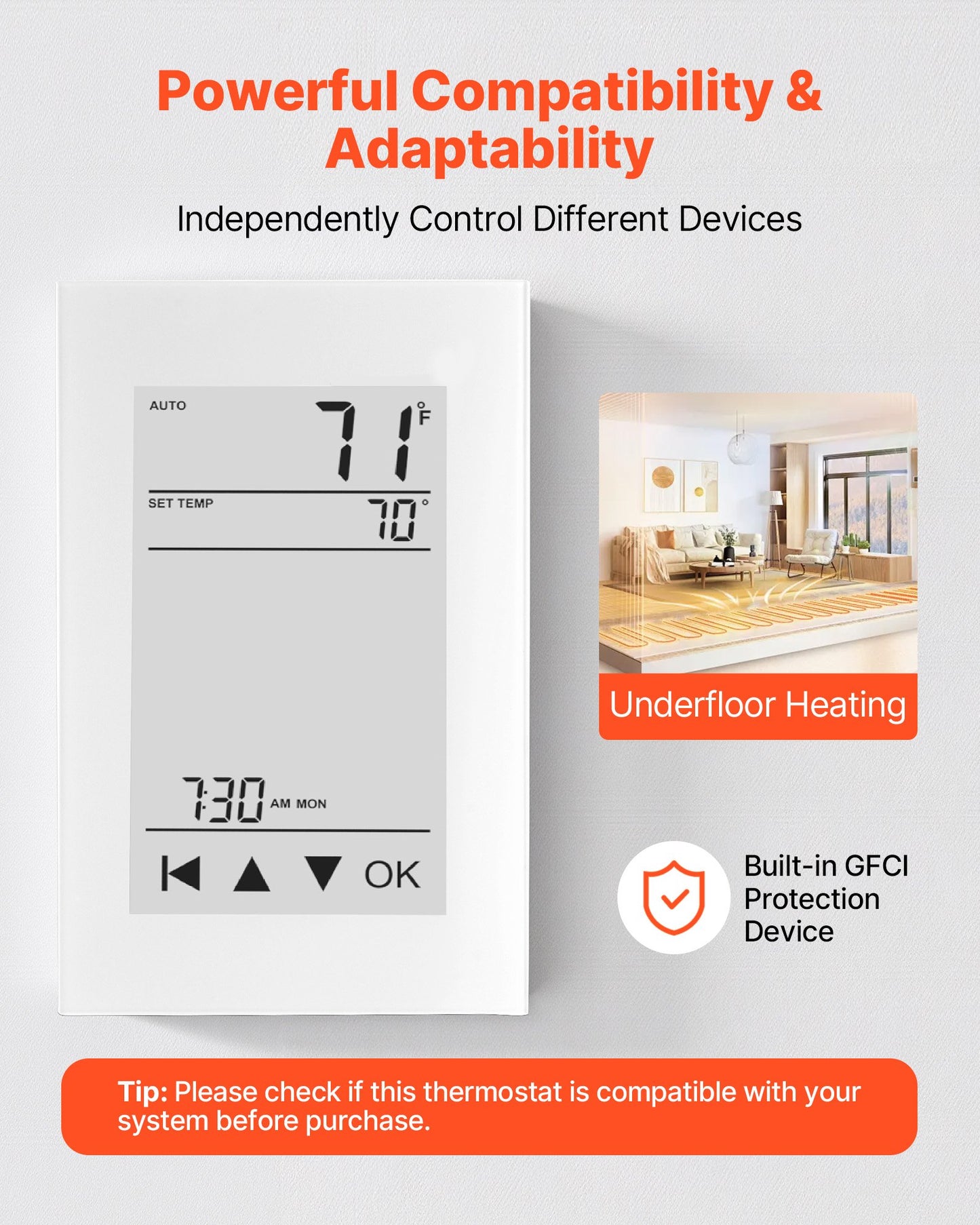 7-Day Programmable Thermostat, Home Thermostats for Radiant Underfloor Heating Cable, Heat Pump, with GFCI & Sensitive Sensor, LCD Touchscreen, Energy-Efficient, Gray-White (Without Wifi)