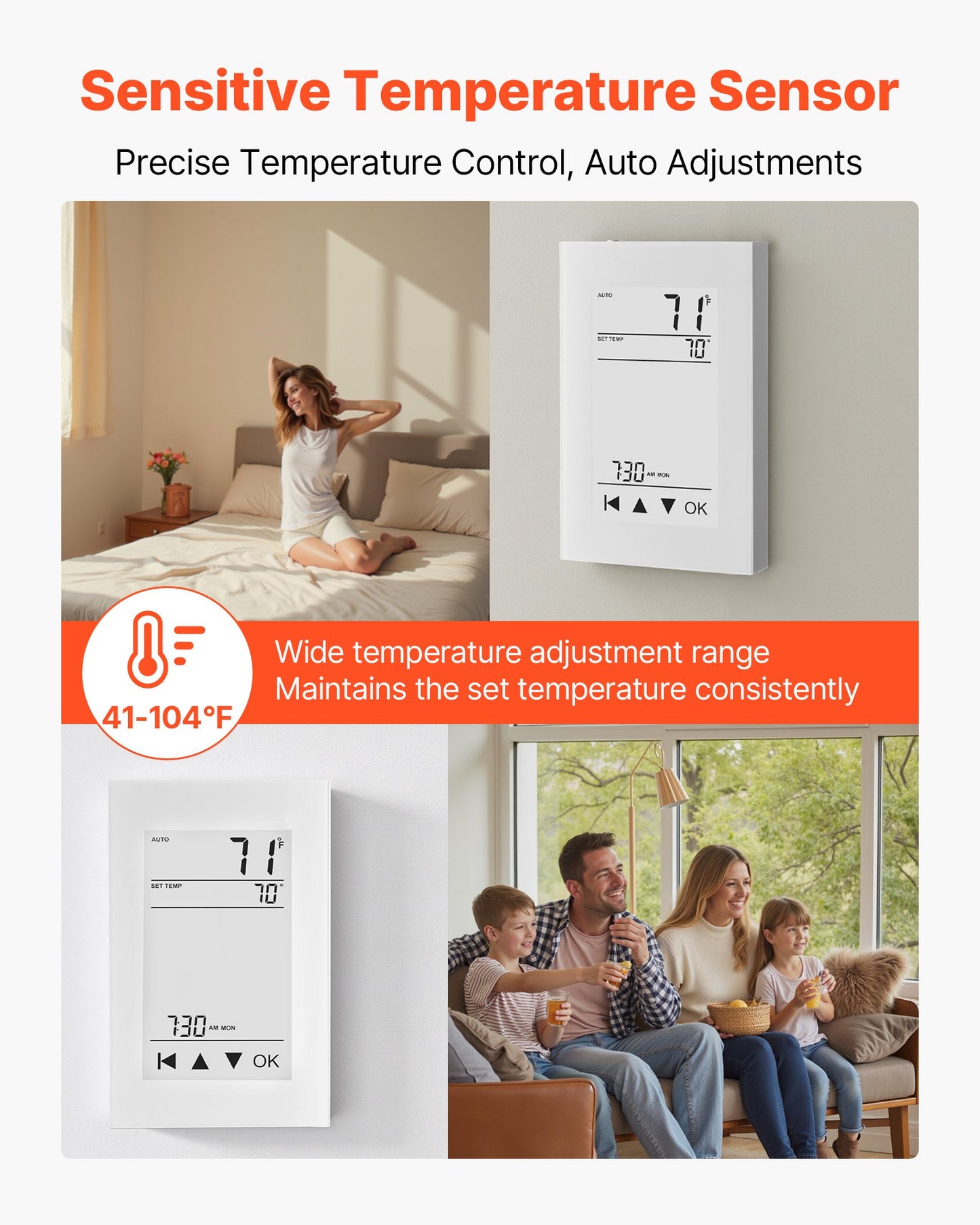 7-Day Programmable Thermostat, Home Thermostats for Radiant Underfloor Heating Cable, Heat Pump, with GFCI & Sensitive Sensor, LCD Touchscreen, Energy-Efficient, Gray-White (Without Wifi)