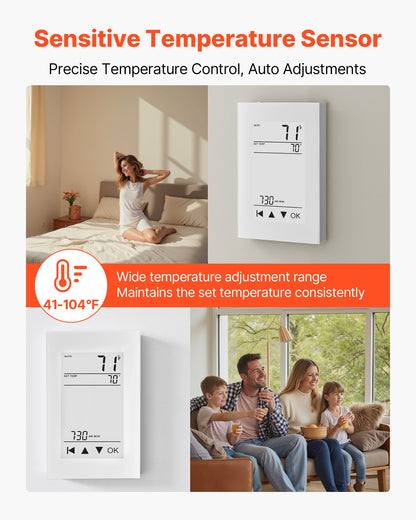 7-Day Programmable Thermostat, Home Thermostats for Radiant Underfloor Heating Cable, Heat Pump, with GFCI & Sensitive Sensor, LCD Touchscreen, Energy-Efficient, Gray-White (Without Wifi)