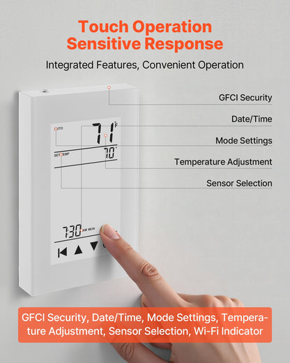 7-Day Programmable Thermostat, Home Thermostats for Radiant Underfloor Heating Cable, Heat Pump, with GFCI & Sensitive Sensor, LCD Touchscreen, Energy-Efficient, Gray-White (Without Wifi)