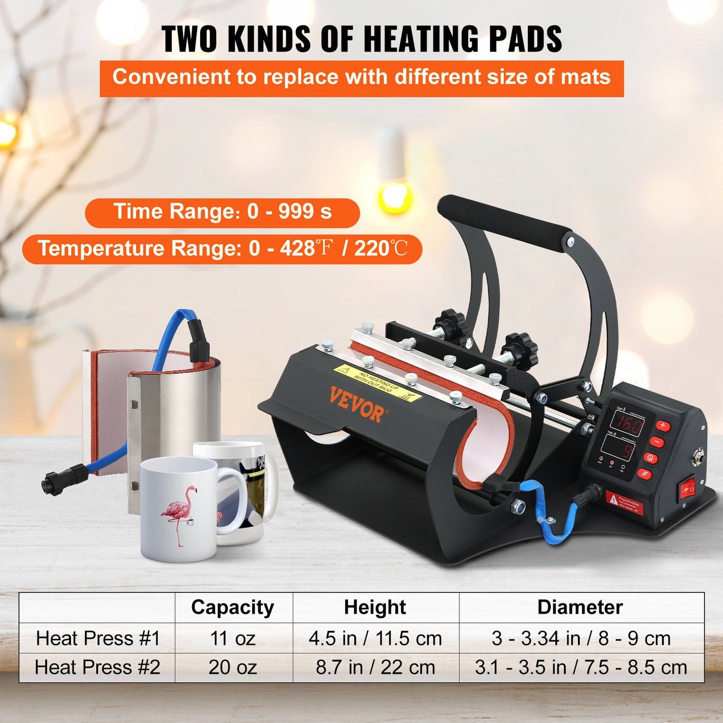 Tassen-Hitzepresse, 11 oz/11,5 cm und 20 oz/22 cm, zwei Platten, LCD-Tassenpresse mit abnehmbaren Transfer-Sublimationsmatten, DIY-Presse für schmale Kaffeetassen, Kieselgeldruck, Schwarz