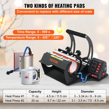 Tassen-Hitzepresse, 11 oz/11,5 cm und 20 oz/22 cm, zwei Platten, LCD-Tassenpresse mit abnehmbaren Transfer-Sublimationsmatten, DIY-Presse für schmale Kaffeetassen, Kieselgeldruck, Schwarz