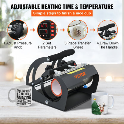 Tassen-Hitzepresse, 11 oz/11,5 cm und 20 oz/22 cm, zwei Platten, LCD-Tassenpresse mit abnehmbaren Transfer-Sublimationsmatten, DIY-Presse für schmale Kaffeetassen, Kieselgeldruck, Schwarz