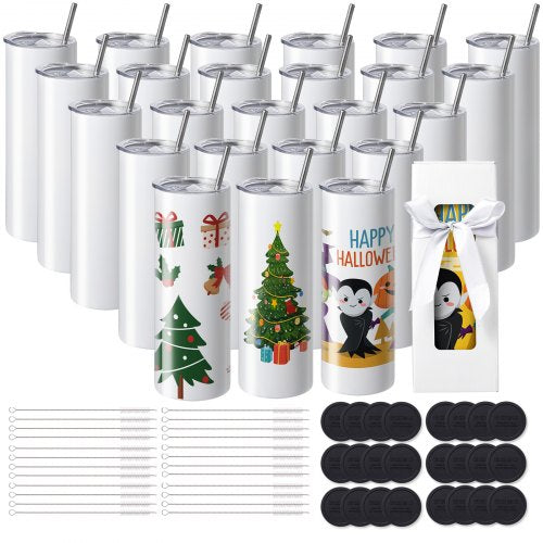 24 Pack Sublimation Tumblers 20oz Skinny Straight, Stainless Steel Sublimation Tumblers Blank, Stainless Steel Double Wall Tumbler for Heat Transfer Customized Gifts with Lid and Straw, Gift Box