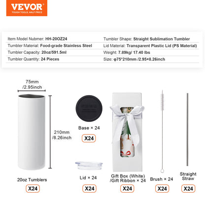 24er-Pack gerade Sublimationsbecher, 591,5 ml, Blankobecher, Großpackung, doppelwandiger Edelstahlbecher mit Strohhalm, Deckel, Bürste, Boden, Schrumpffolie, Geschenkbox, für Wärmepresse und Wärmeübertragung