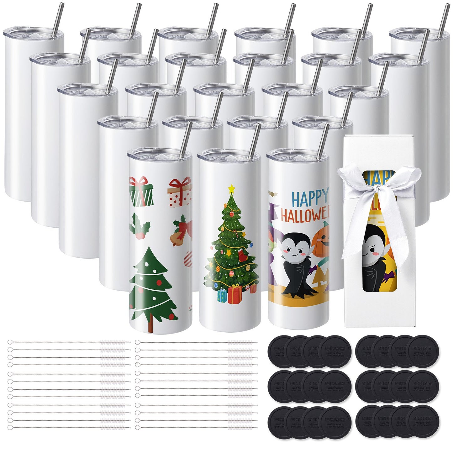 24er-Pack gerade Sublimationsbecher, 591,5 ml, Blankobecher, Großpackung, doppelwandiger Edelstahlbecher mit Strohhalm, Deckel, Bürste, Boden, Schrumpffolie, Geschenkbox, für Wärmepresse und Wärmeübertragung