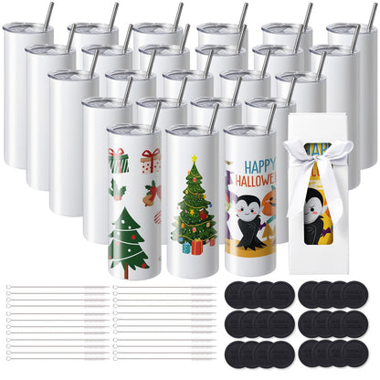 24er-Pack gerade Sublimationsbecher, 591,5 ml, Blankobecher, Großpackung, doppelwandiger Edelstahlbecher mit Strohhalm, Deckel, Bürste, Boden, Schrumpffolie, Geschenkbox, für Wärmepresse und Wärmeübertragung