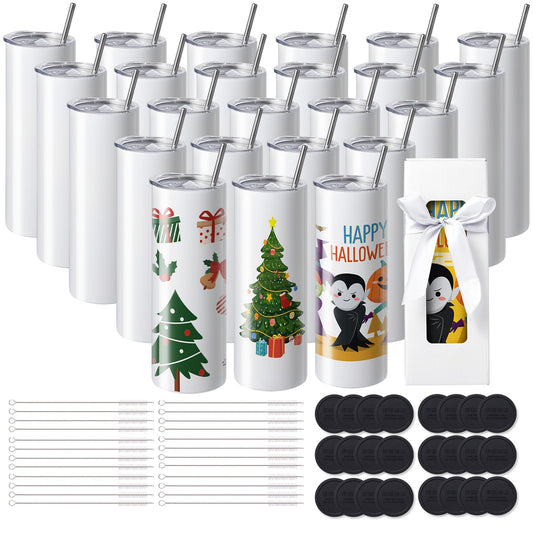24er-Pack gerade Sublimationsbecher, 591,5 ml, Blankobecher, Großpackung, doppelwandiger Edelstahlbecher mit Strohhalm, Deckel, Bürste, Boden, Schrumpffolie, Geschenkbox, für Wärmepresse und Wärmeübertragung