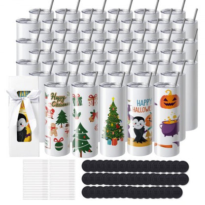 50 Pack Sublimation Tumblers 20oz Skinny Straight, Stainless Steel Sublimation Tumblers Blank, Stainless Steel Double Wall Tumbler for Heat Transfer Customized Gifts with Lid and Straw, Gift Box