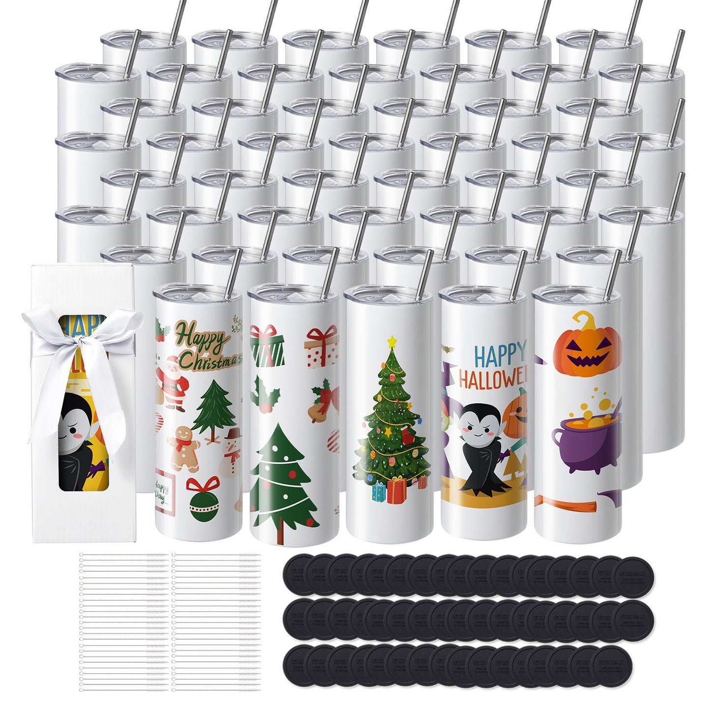 50-pack straight sublimation tumblers, 20 oz blank tumbler, double wall stainless steel with straw, lid, brush, base, shrink wrap, gift box, for heat press and heat transfer