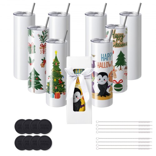 8 Pack 30 Oz Sublimation Tumblers, Skinny Straight Stainless Steel Blanks Cups, Stainless Steel Double Wall Tumbler for Heat Transfer Customized Gifts with Lid and Straw, Gift Box