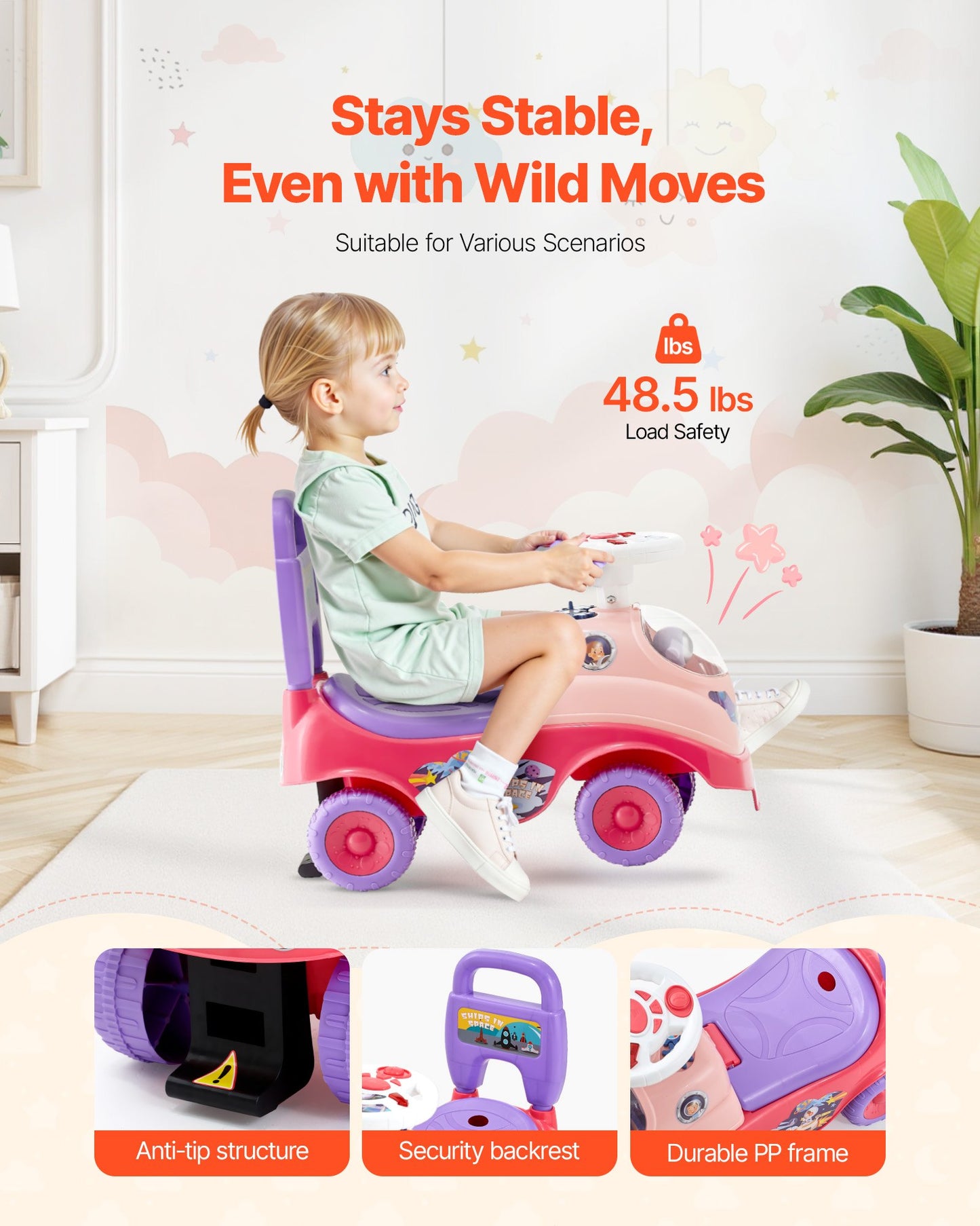 Ride On Toddler Push Car, Push Car for Toddler 19 to 36 Months, Kids Ride On Toy with Horn & Music, 48.5 lbs Load Capacity, Under-seat Storage, Foot-to-Floor Walker for Toddlers Boys Girls, Pink