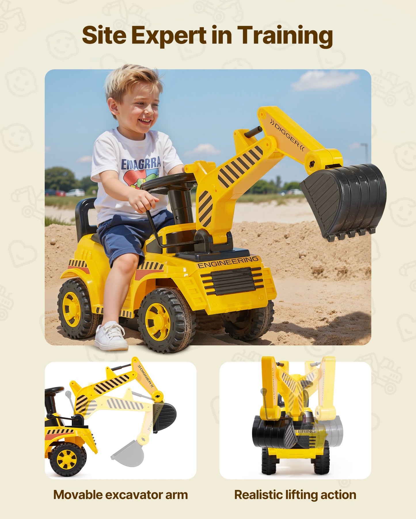 Ride On Toddler Car, Push Car for Toddler 19 to 36 Months, Excavator Digger Toy with Helmet & Music, 55 lbs Load Capacity, Foot-to-Floor Walker for Kids, Yellow