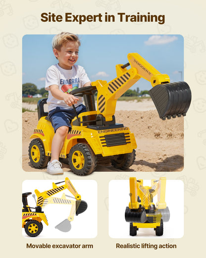 Ride On Toddler Car, Push Car for Toddler 19 to 36 Months, Excavator Digger Toy with Helmet & Music, 55 lbs Load Capacity, Foot-to-Floor Walker for Kids, Yellow