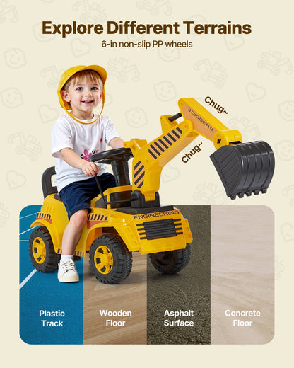 Ride On Toddler Car, Push Car for Toddler 19 to 36 Months, Excavator Digger Toy with Helmet & Music, 55 lbs Load Capacity, Foot-to-Floor Walker for Kids, Yellow