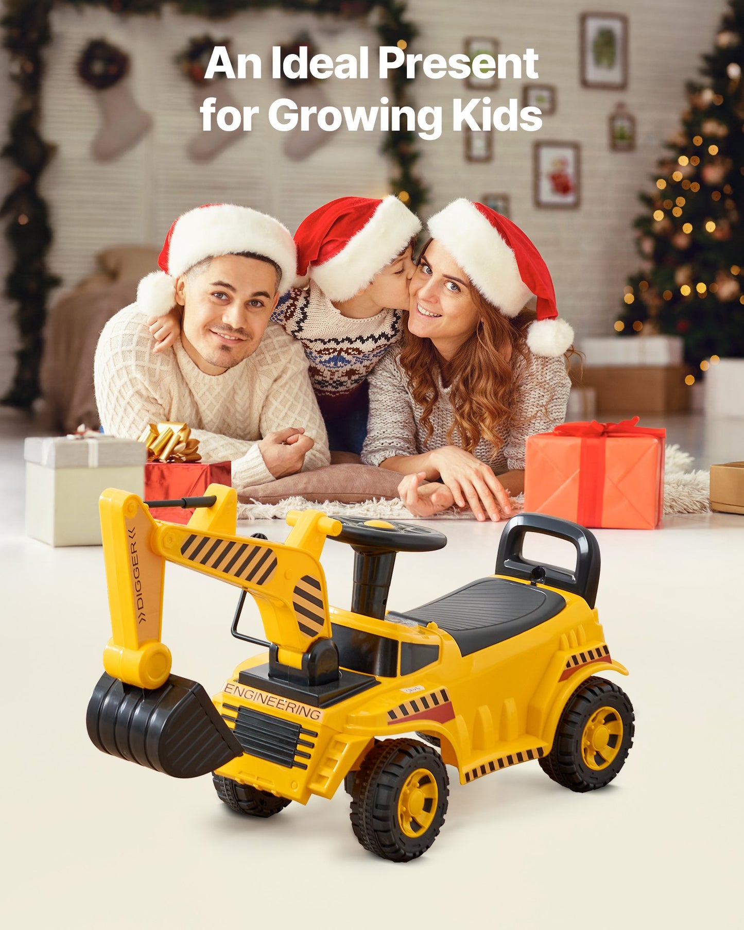 Ride On Toddler Car, Push Car for Toddler 19 to 36 Months, Excavator Digger Toy with Helmet & Music, 55 lbs Load Capacity, Foot-to-Floor Walker for Kids, Yellow