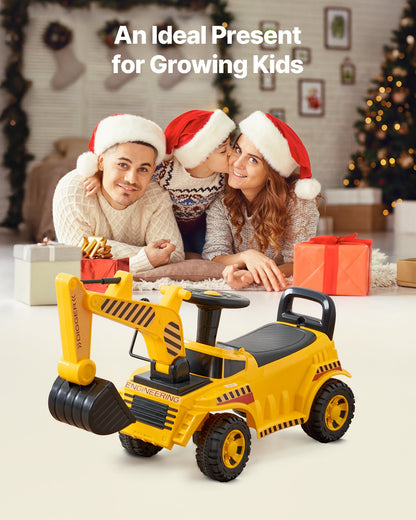 Ride On Toddler Car, Push Car for Toddler 19 to 36 Months, Excavator Digger Toy with Helmet & Music, 55 lbs Load Capacity, Foot-to-Floor Walker for Kids, Yellow