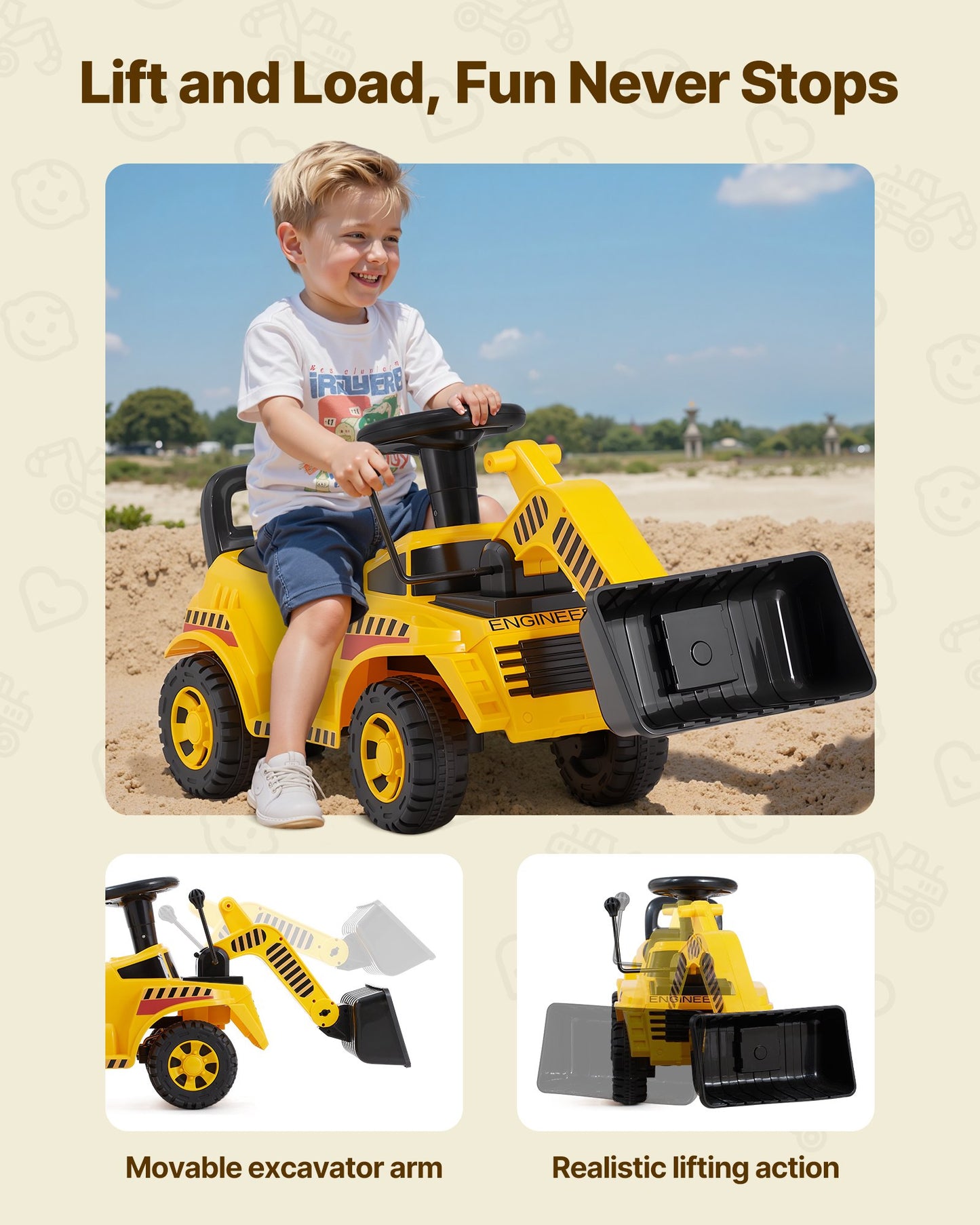Ride On Toddler Car, Ride on Excavator Car for Toddler 19 to 36 Months, Excavator Bulldozer Digger Toy with Under-seat Storage & Music, 55 lbs Load Capacity, Foot-to-Floor Walker for Kid, Yellow
