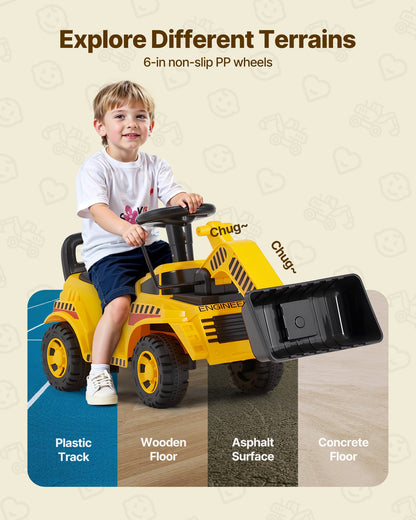 Ride On Toddler Car, Ride on Excavator Car for Toddler 19 to 36 Months, Excavator Bulldozer Digger Toy with Under-seat Storage & Music, 55 lbs Load Capacity, Foot-to-Floor Walker for Kid, Yellow