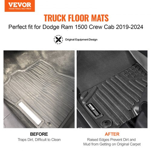 Automotive Floor Mats, Fits for Dodge Ram 1500 Crew Cab 2019-2024, 3 pcs Front and 2nd Row Liners, All Weather Custom Fit TPE Vehicle Floor Mats, Easy to Clean Floor Liners for Trucks, Black