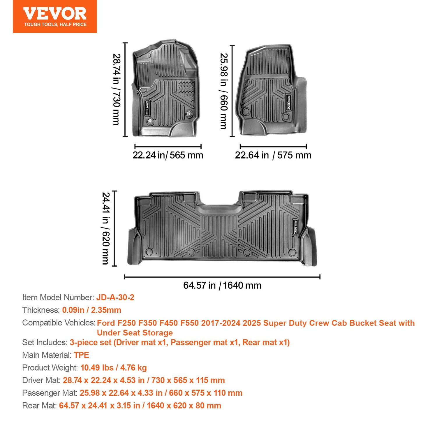 Automotive Floor Mats, Fits for Ford F250 F350 F450 F550 2017-2024 2025 Super Duty Crew Cab Bucket Seat with Under Seat Storage, 3 pcs Front and 2nd Row Liners, Floor Liners for Trucks, Black